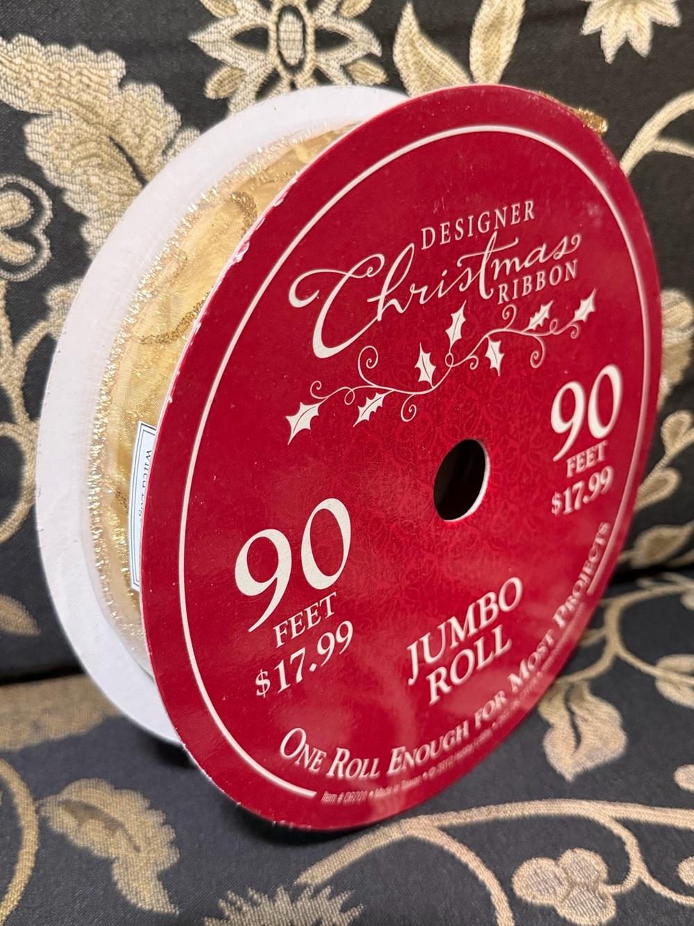 Hobby Lobby Gold Designer Christmas Wired Edge Ribbon Jumbo Roll 90 Feet